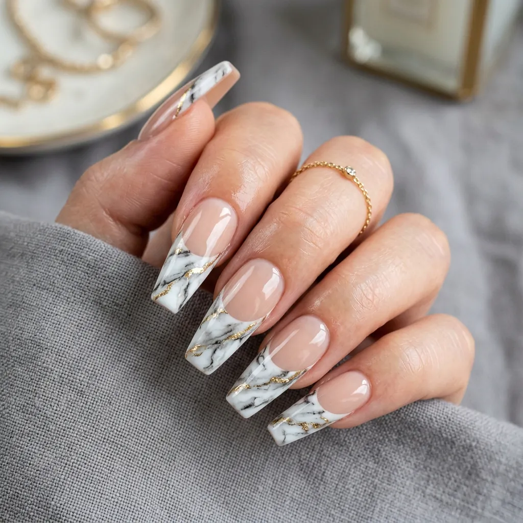 Marble Texture French Tip Coffin Nails