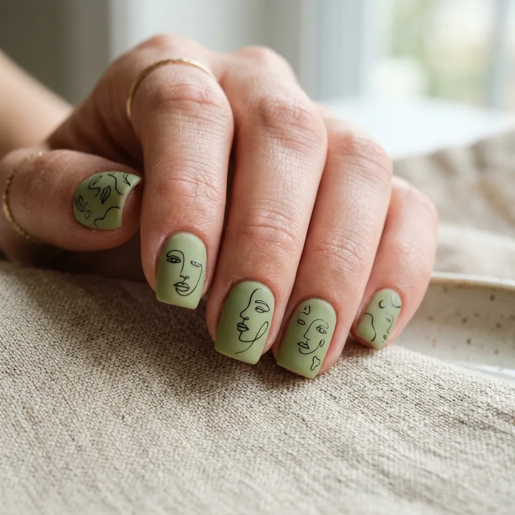 Fine Black Line Art on Matcha Green Nails Idea