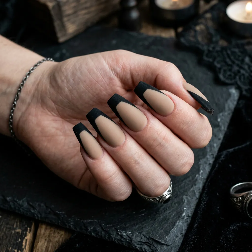 Matte Black French Tip Coffin Nails