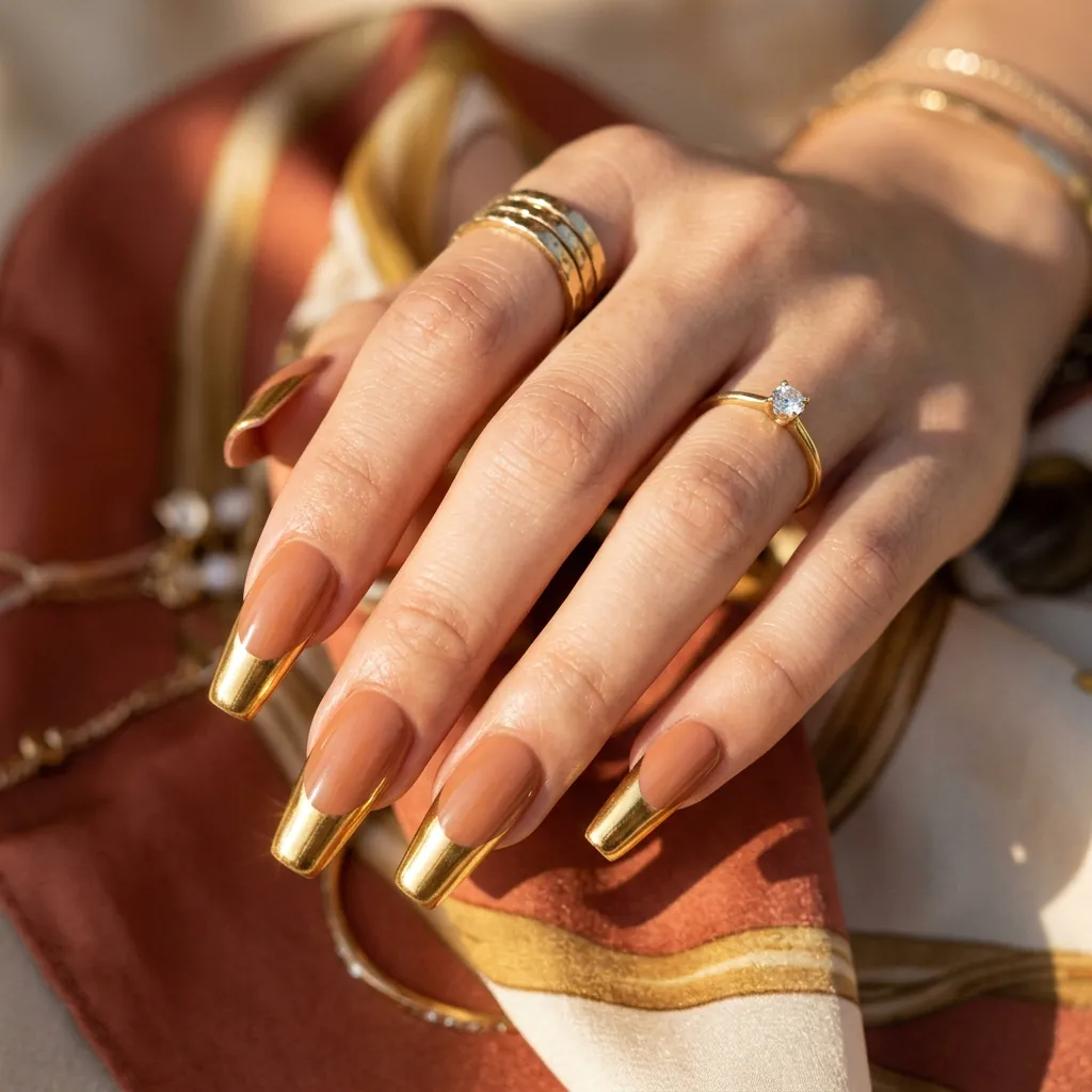 Metallic Gold French Tip Coffin Nails