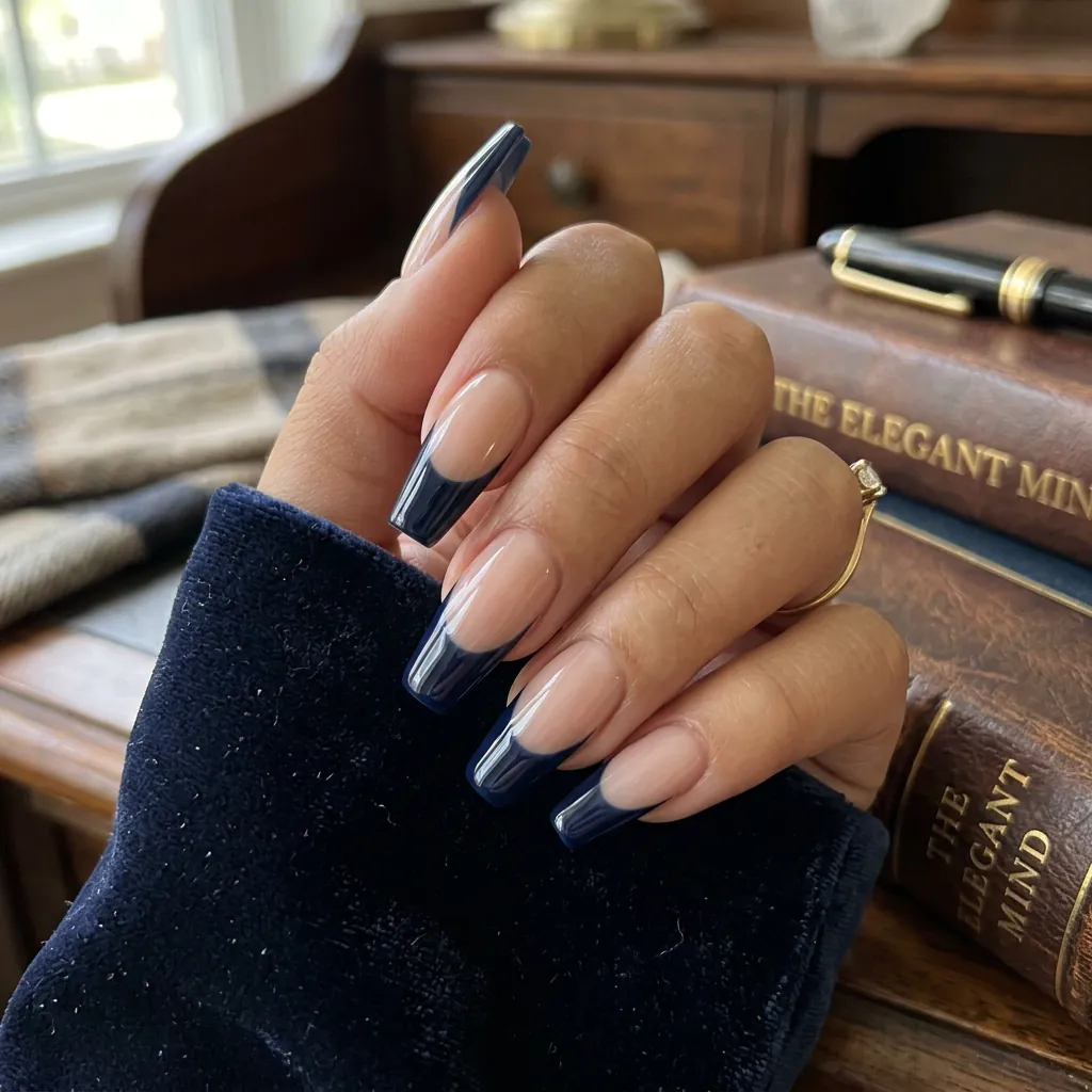 Moody Navy French Tip Coffin Nails