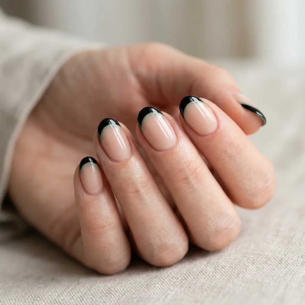 Minimalist Black French Tips with Sage Green Accents Idea