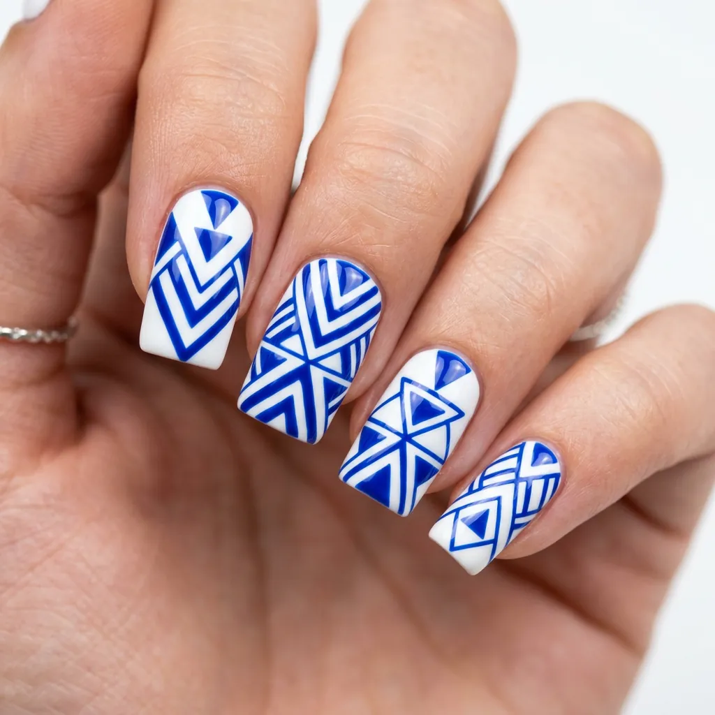 Cobalt Blue Geometric Pattern Nails