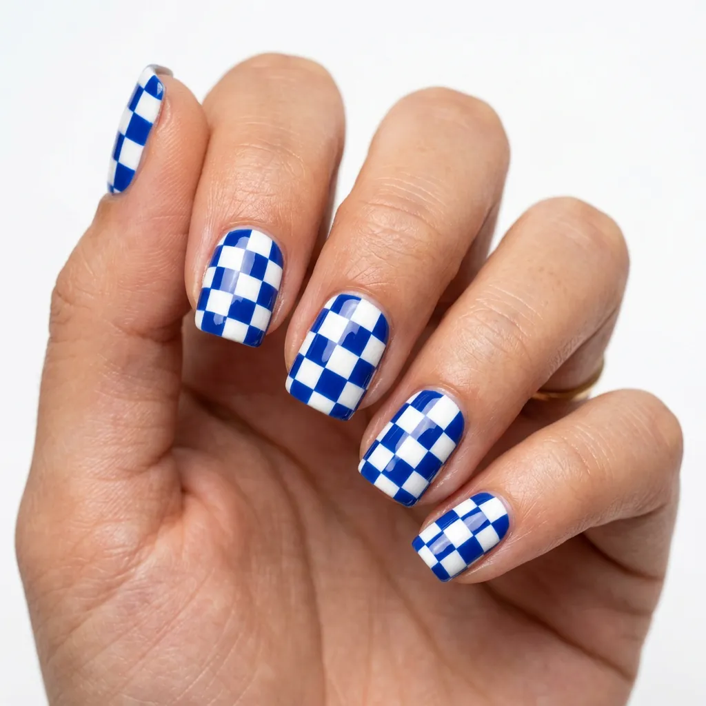 Cobalt Blue Checkerboard Nails