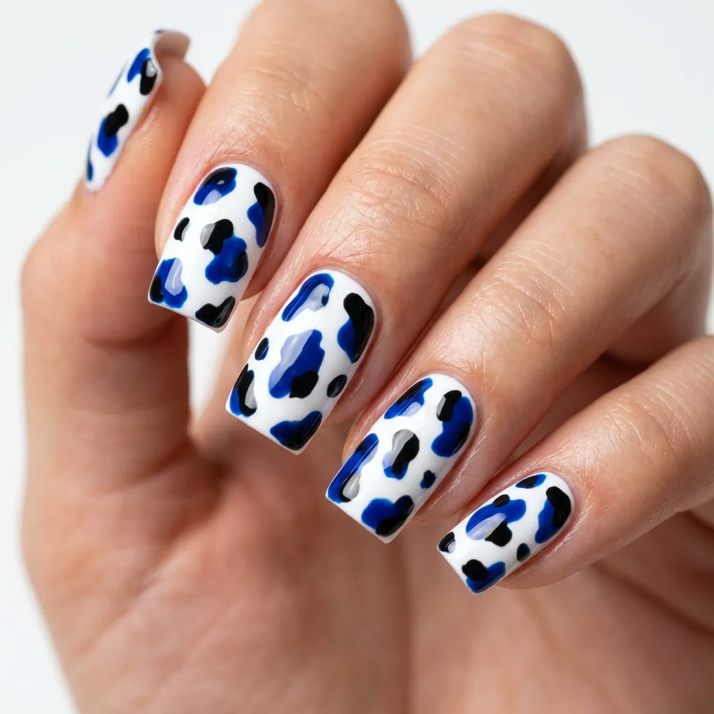 Cobalt Blue Cow Print Nails