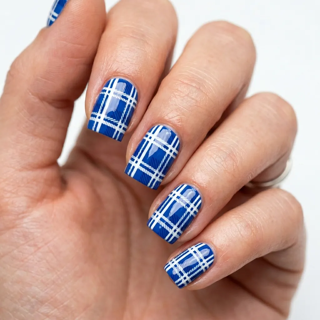 Cobalt Blue Plaid Nails