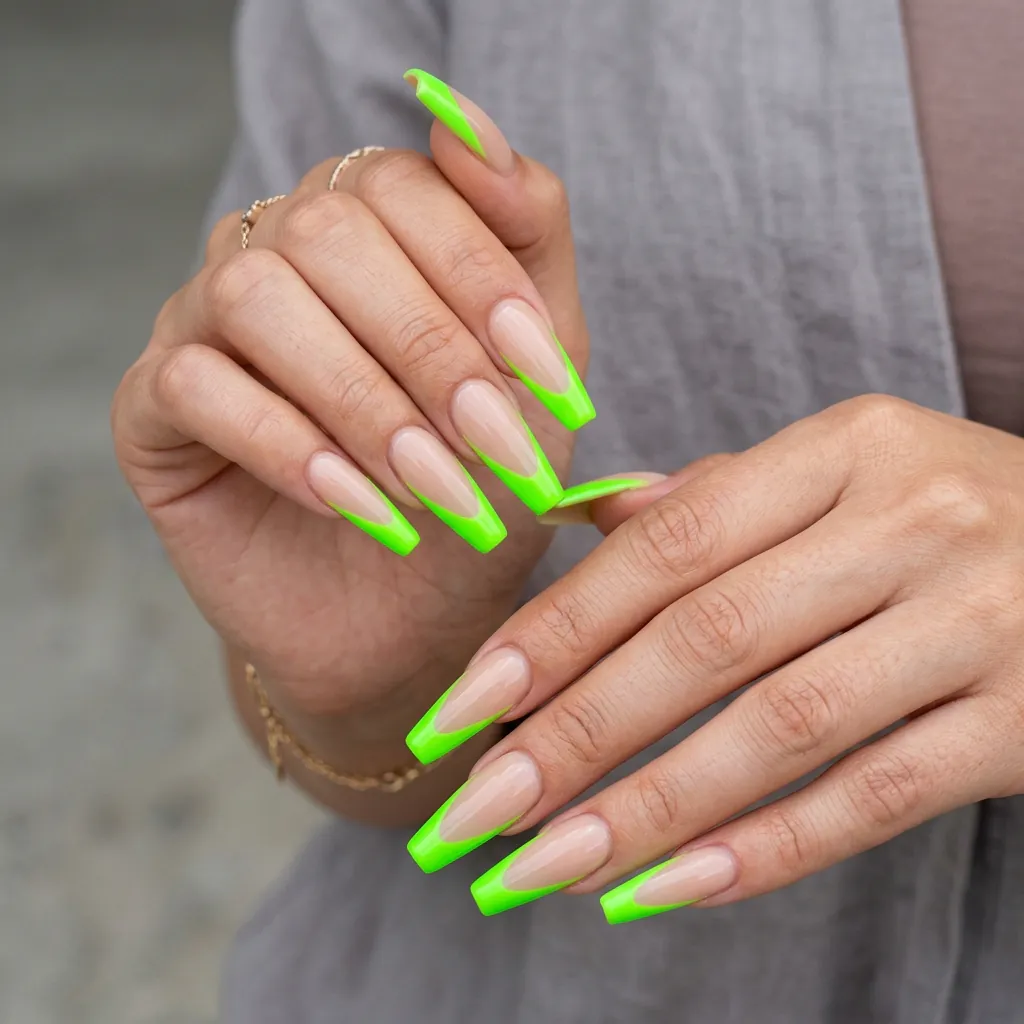 Nude And Neon French Tip Coffin Nails