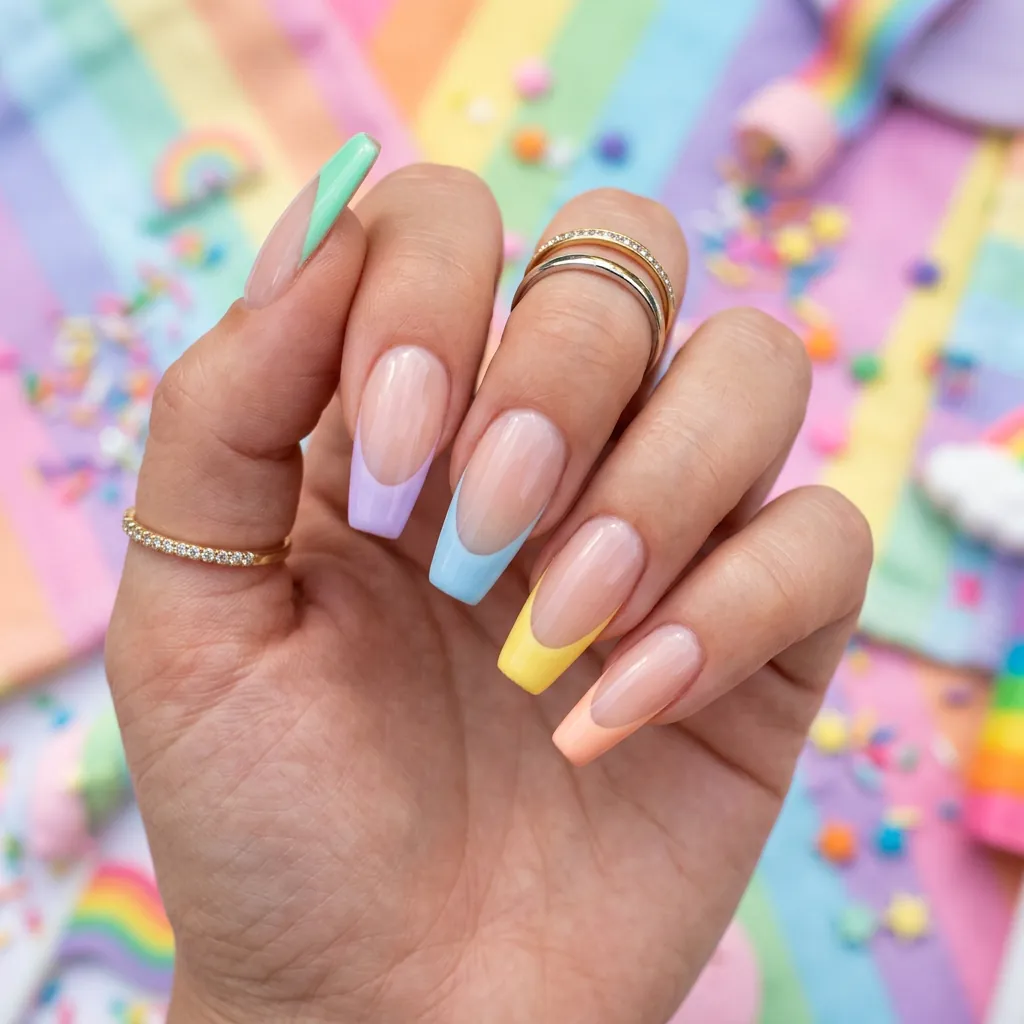 Multi Colored Pastel French Tip Coffin Nails