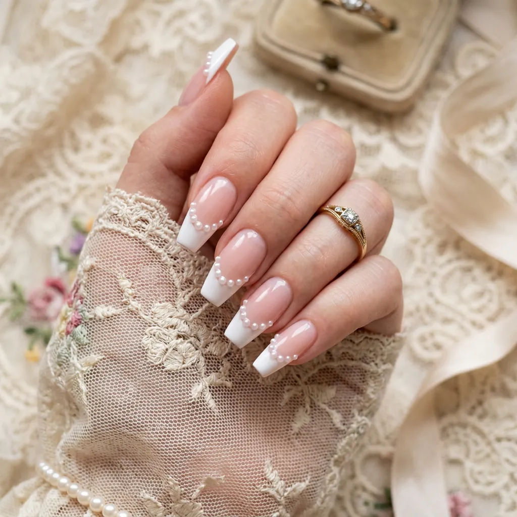 Pearl Accent French Tip Coffin Nails