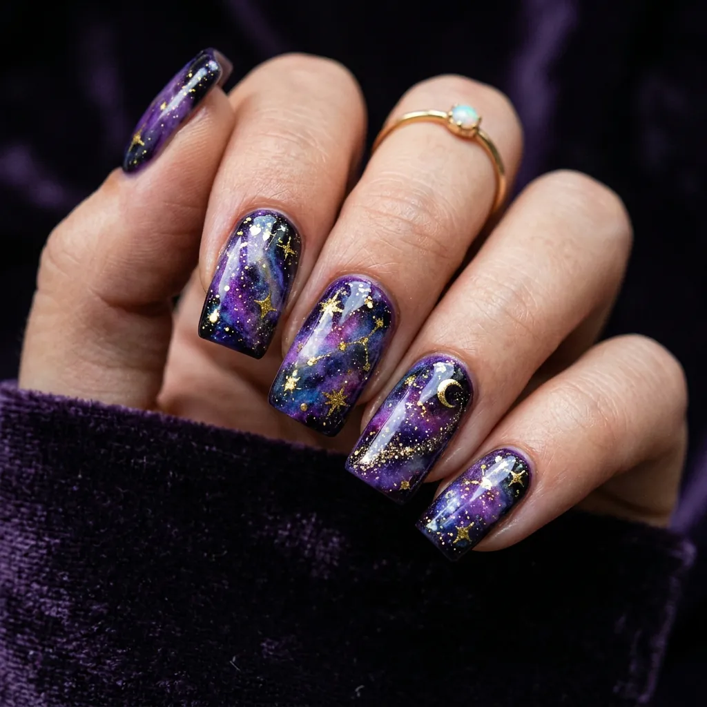 Purple Galaxy Halloween Nails Ideas