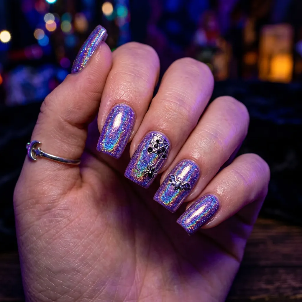 Purple Holographic Halloween Nails Ideas