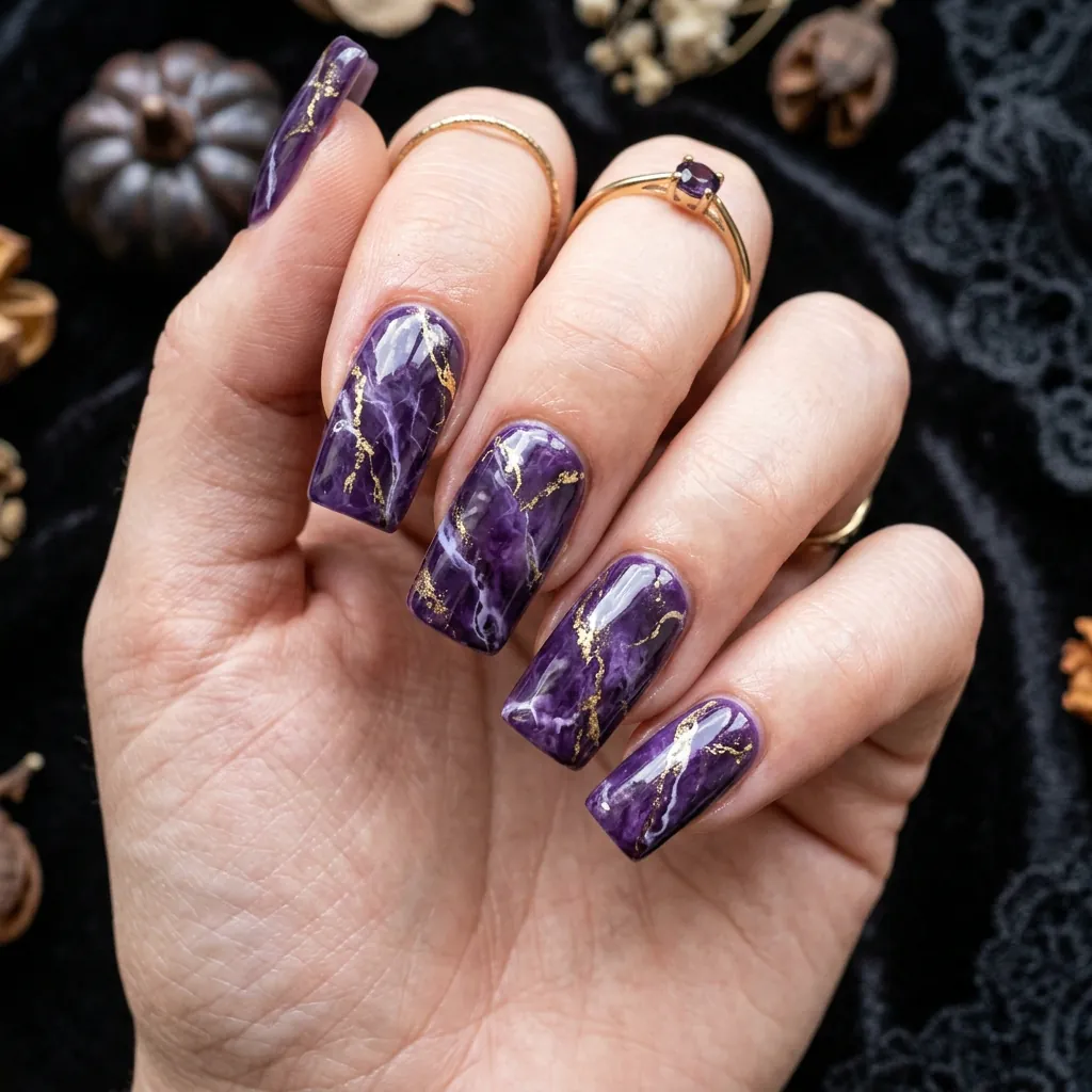 Purple Marble Halloween Nails Ideas