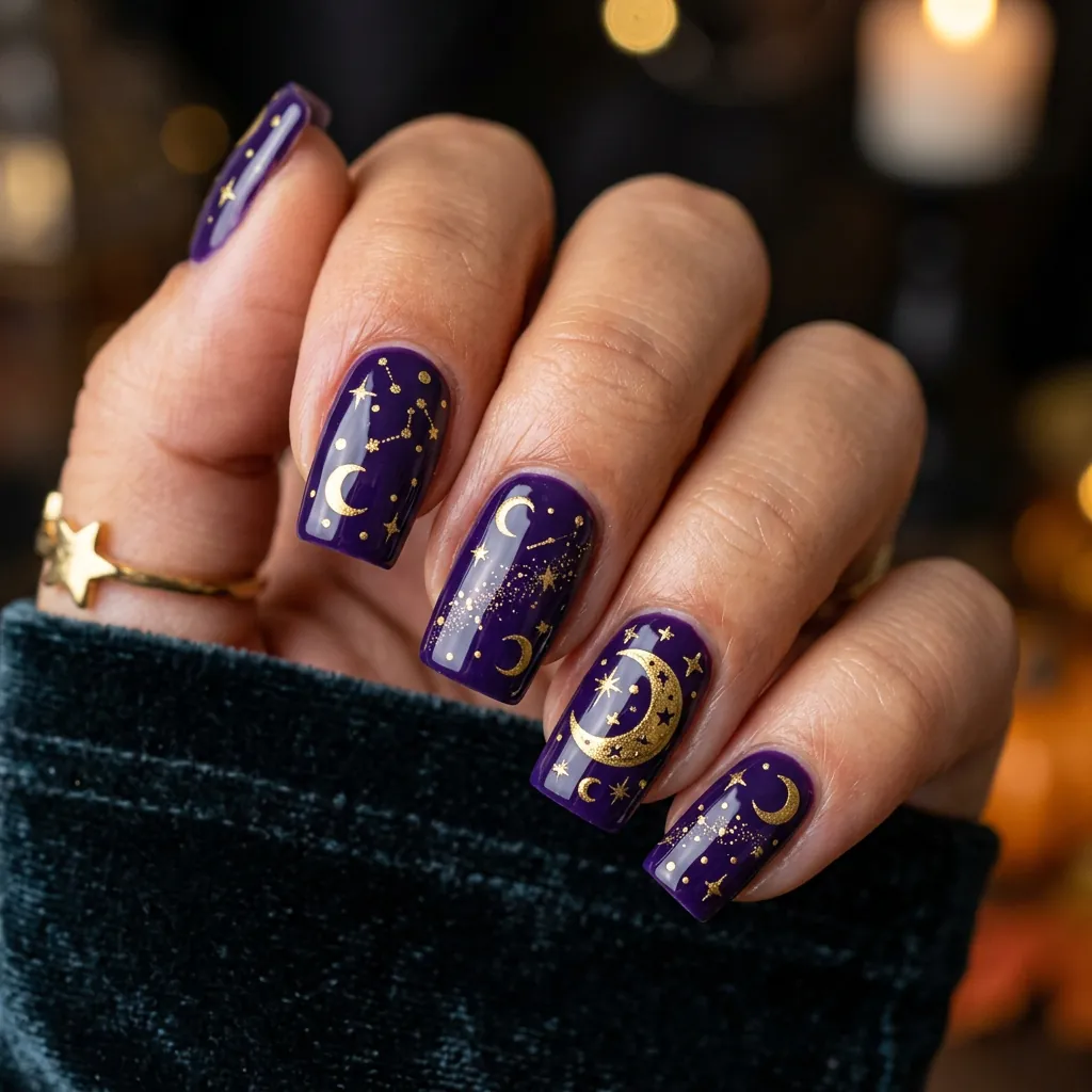 Purple Moon and Stars Nails Ideas