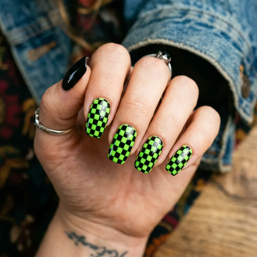 Neon Green Checkerboard with Solid Black Accent Idea