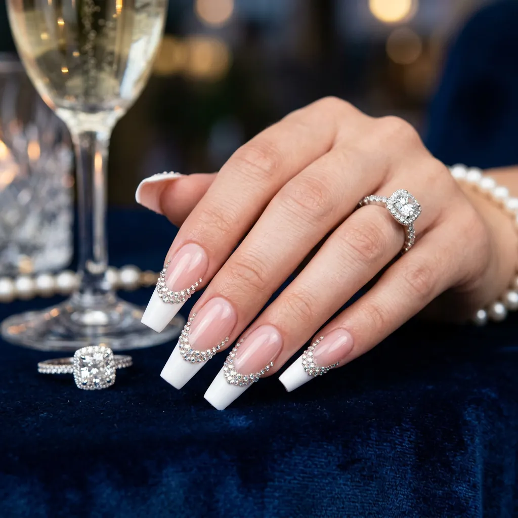 Rhinestone Embellished French Tip Coffin Nails