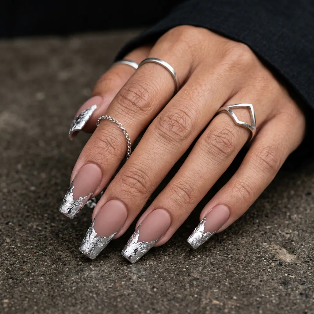 Silver Foil French Tip Coffin Nails