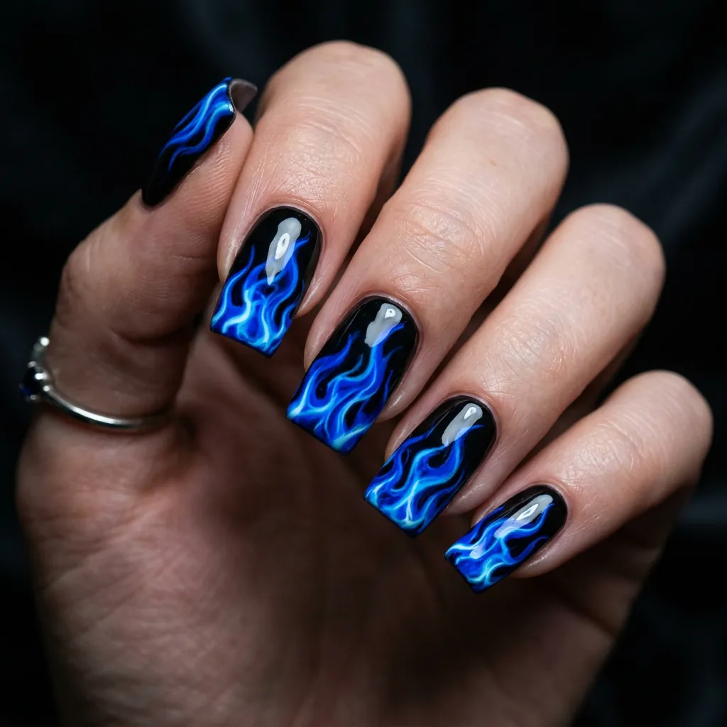 Cobalt Blue Flame Nails