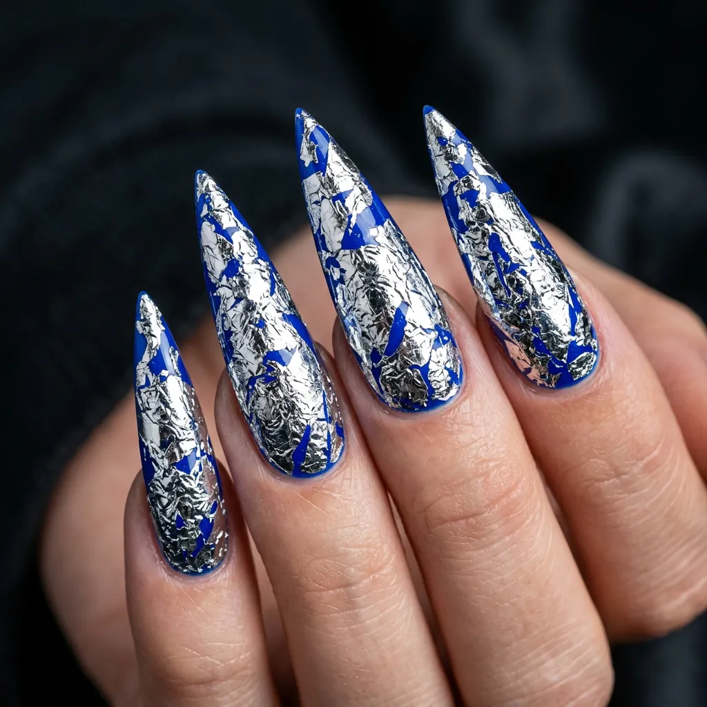 Cobalt Blue Crinkle Foil Nails