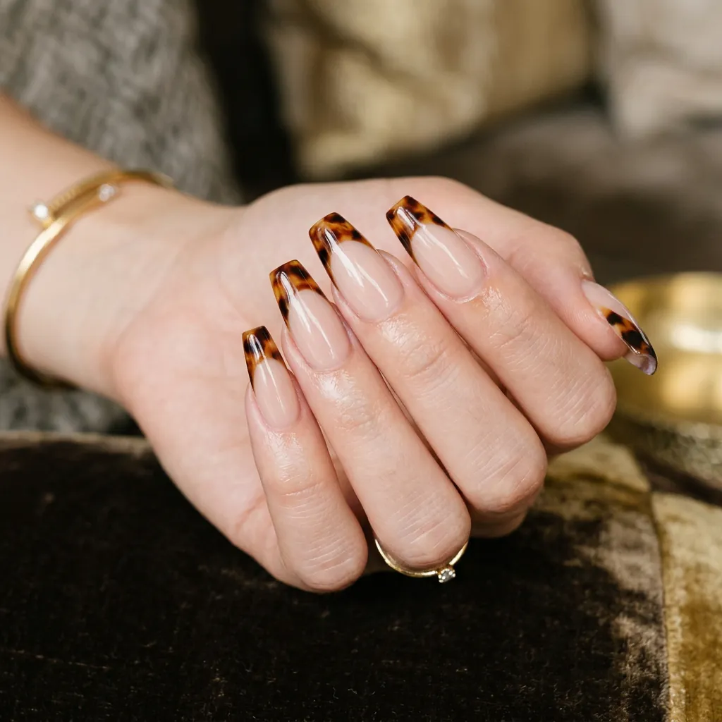 Tortoiseshell Pattern French Tip Coffin Nails