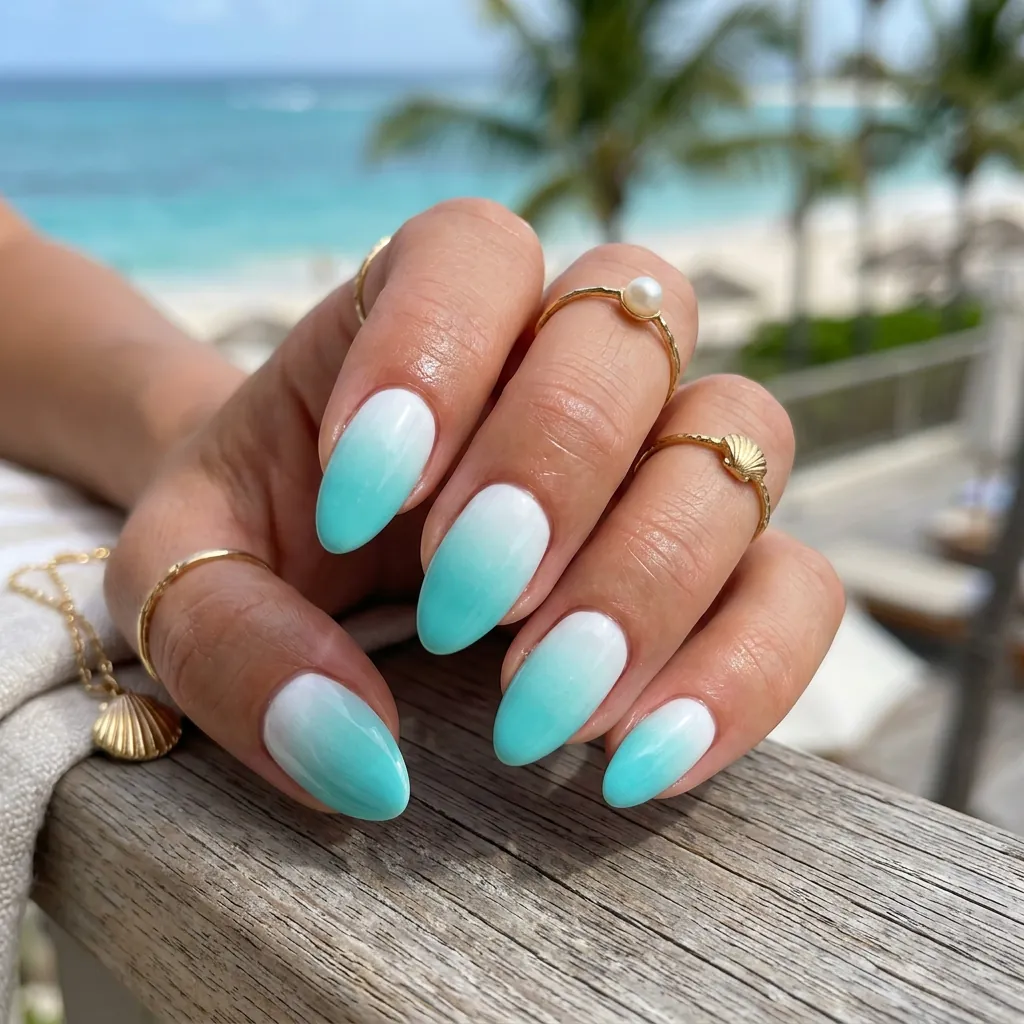 35 Awesome Summer Ombre Nails Ideas for Every Vibe This Season 2026 22 White to Turquoise Ombre Nails
