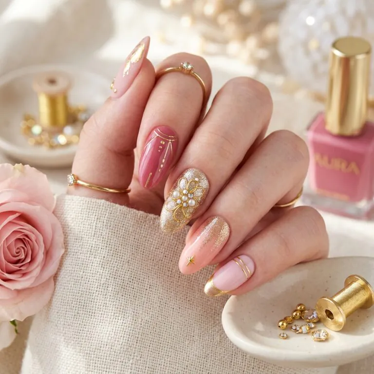 pink and gold nail designs