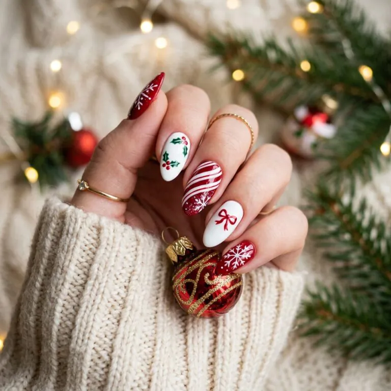 red and white christmas nails