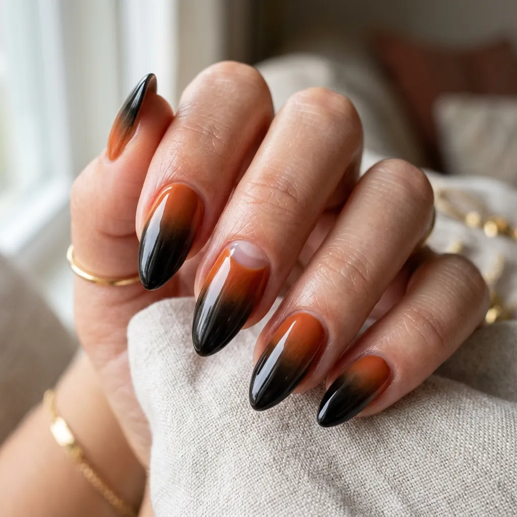 Almond Shaped Black and Orange Nails
