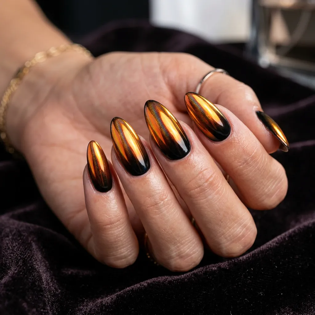Black and Orange Chrome Nails
