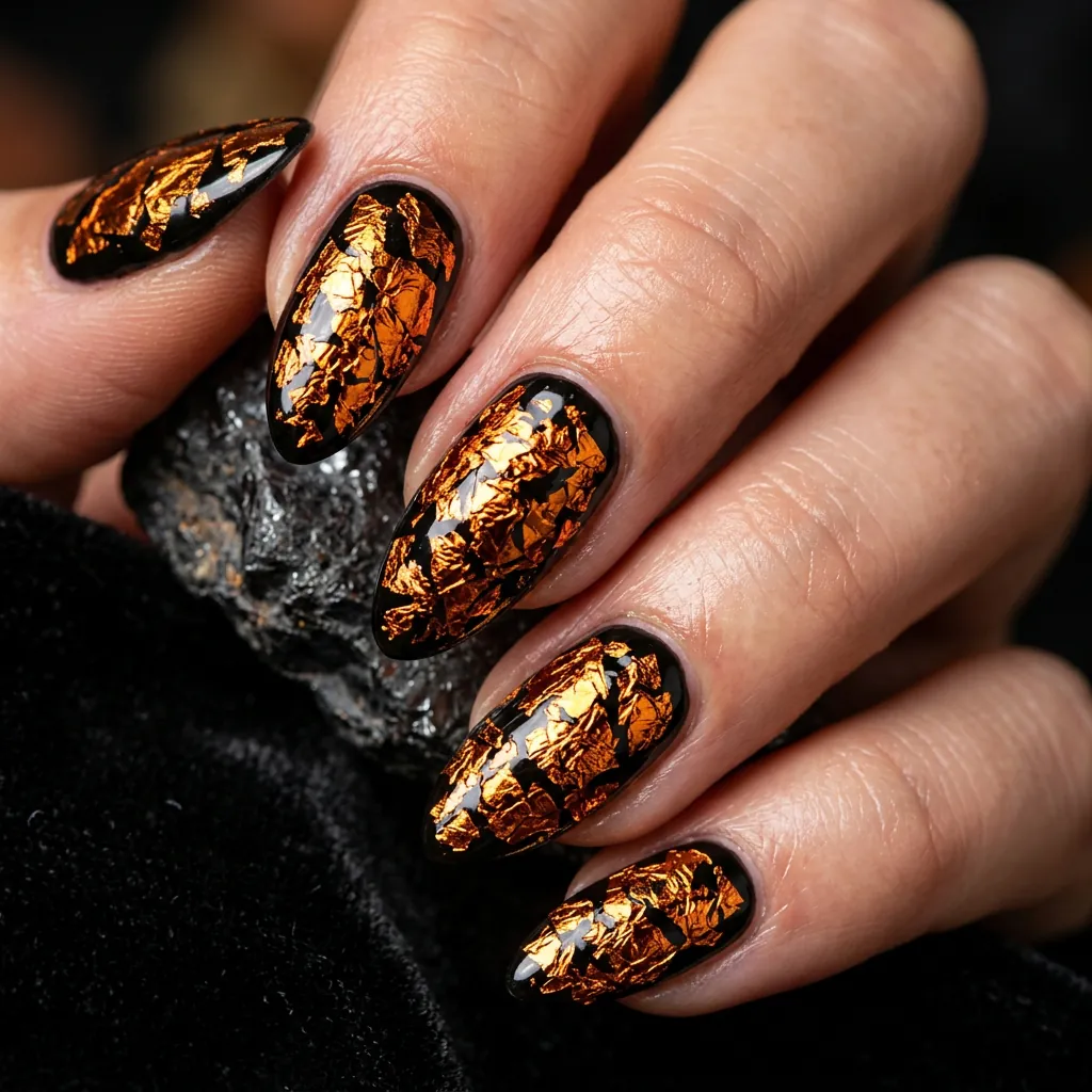 Black and Orange Foil Nails