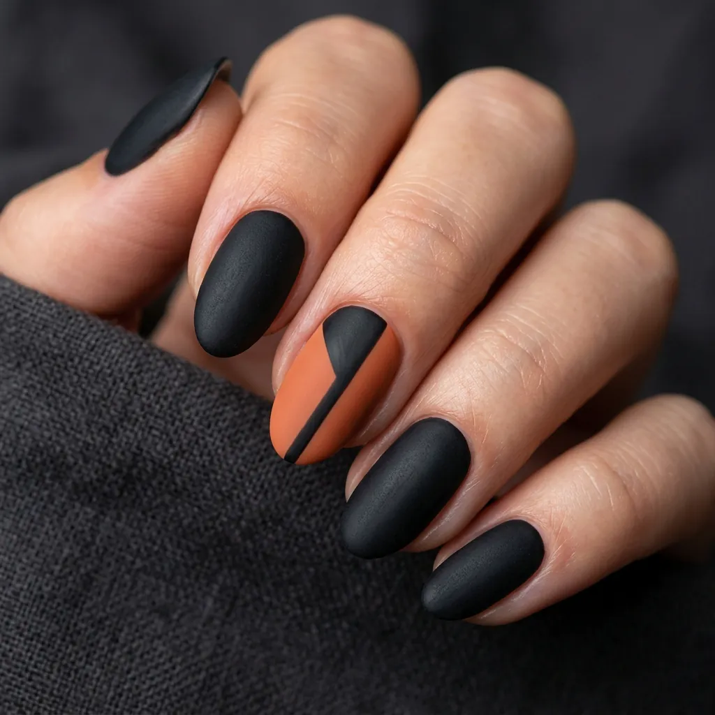 Matte Black and Orange Nails