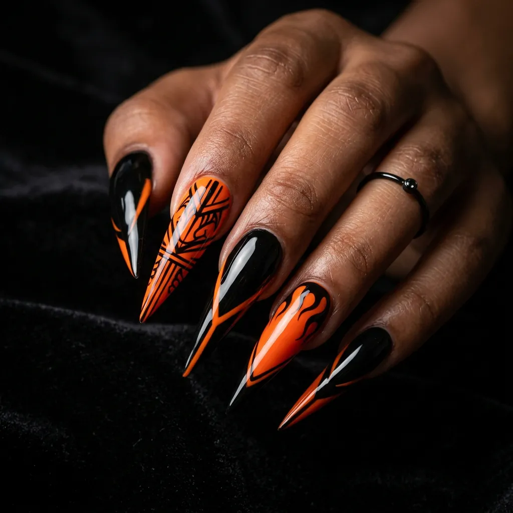Black and Orange Stiletto Nails