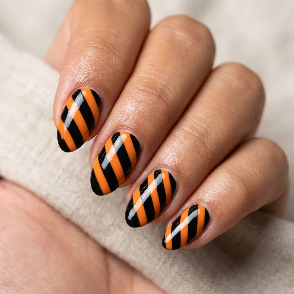 Black and Orange Striped Nails