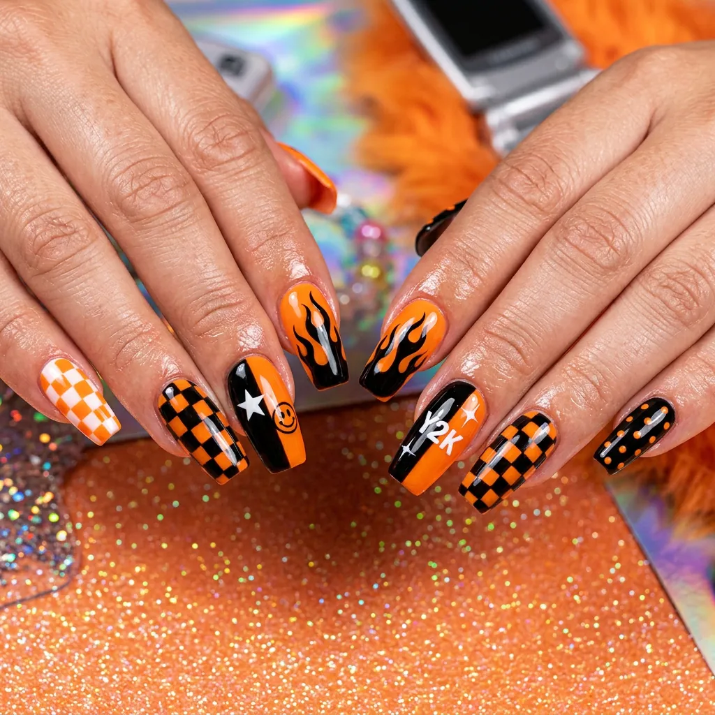 Black and Orange Y2K Nails