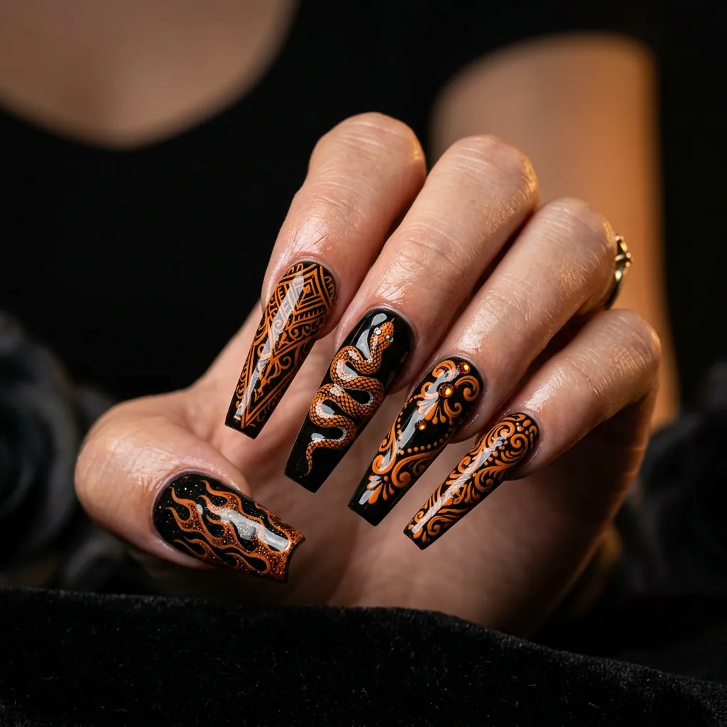 Black and Orange Acrylic Nails