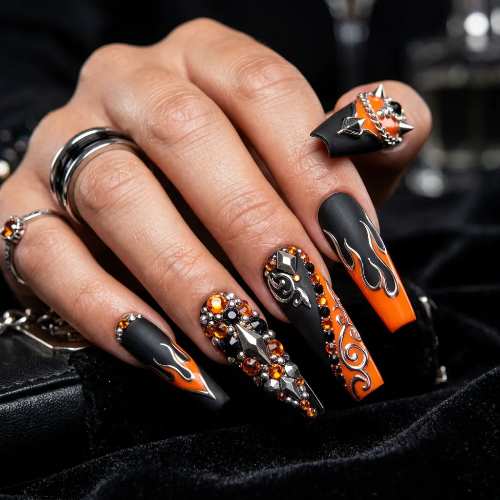 Black and Orange Baddie Nails