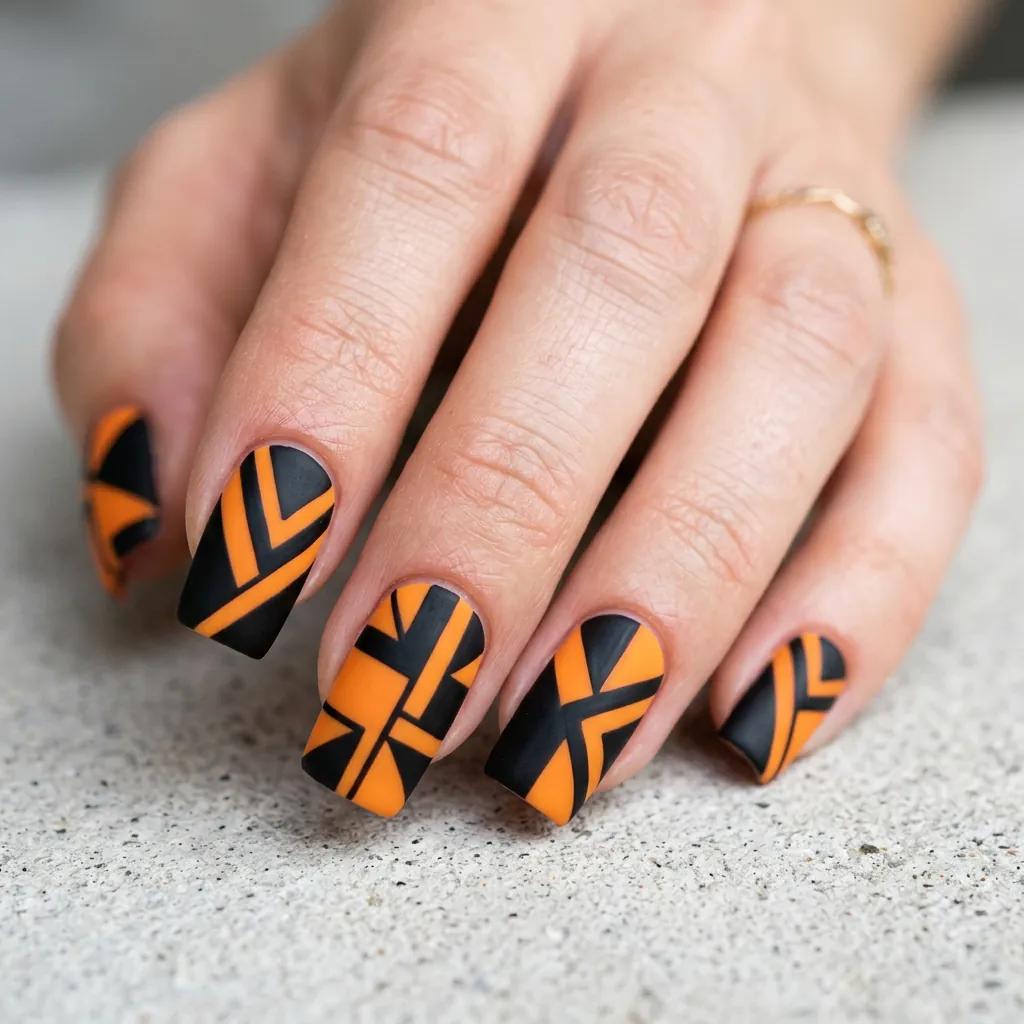 Black and Orange Geometric Nails