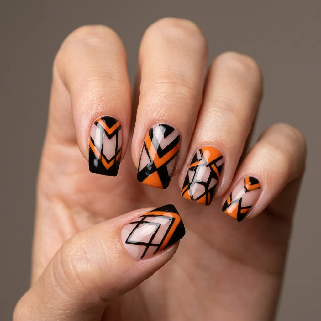Black and Orange Negative Space Nails