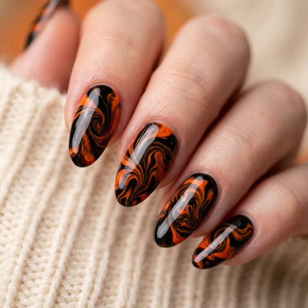 Black and Orange Swirl Nails