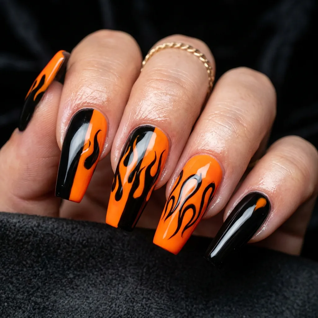 Coffin Black and Orange Nails