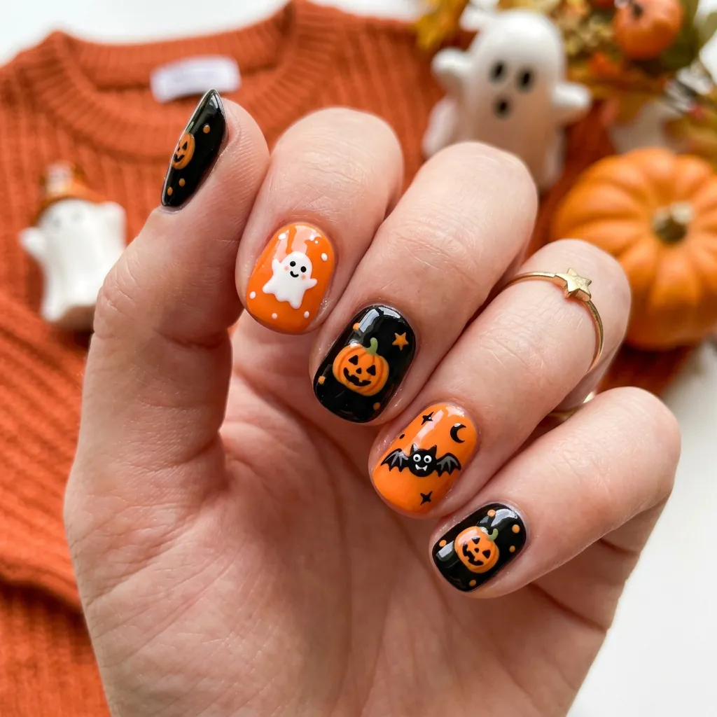 Black and Orange Cute Nails