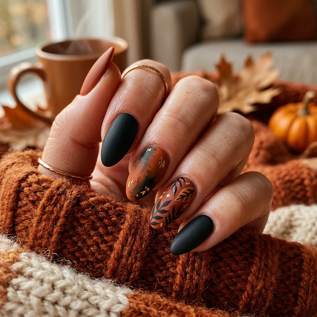 Dark Orange and Black Nails
