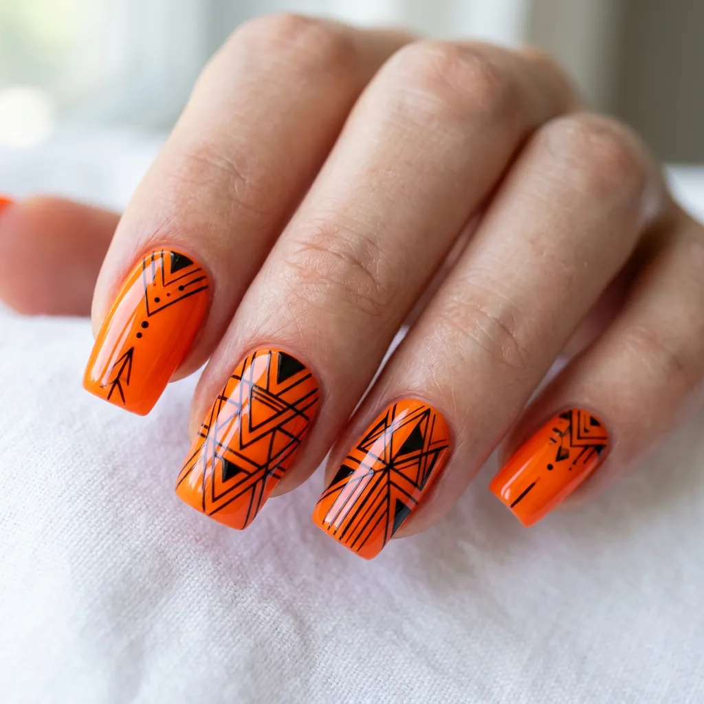 Glossy Orange Nails with Black Accents