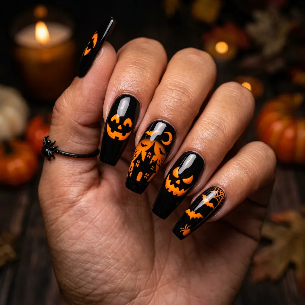 Black and Neon Orange Nails