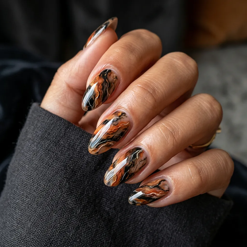 Black and Orange Marble Nails