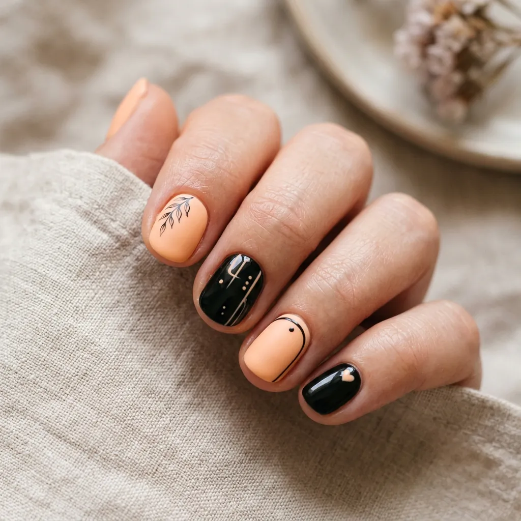 Pastel Orange and Black Nails