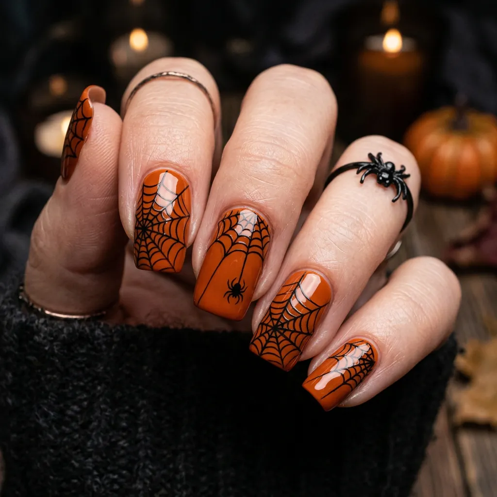 Black and Orange Spider Web Nails