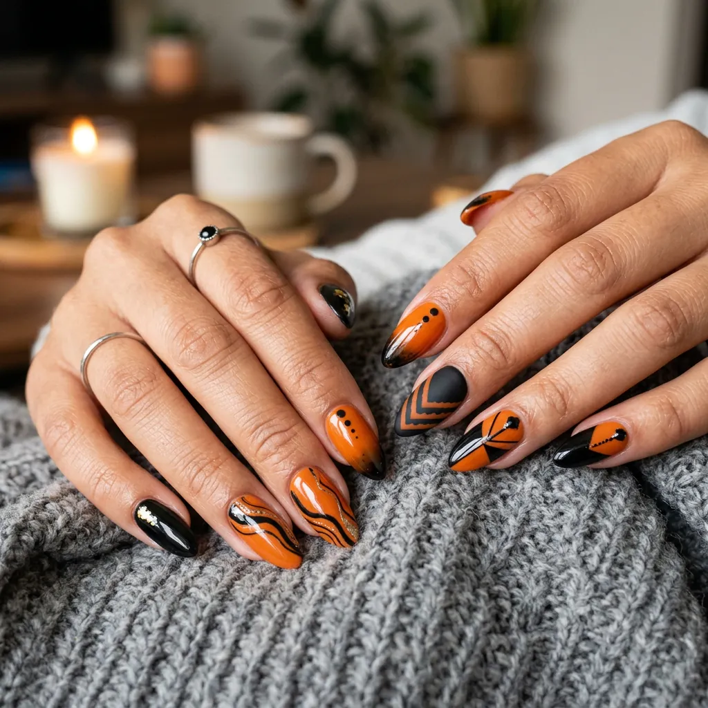 black and orange nails